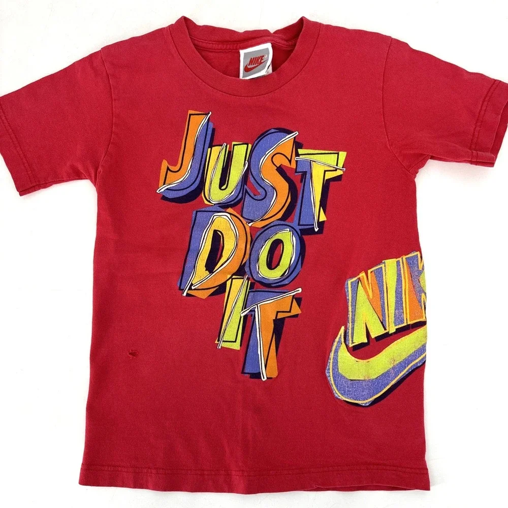 Nike‎ Vintage 90s T-shirt Kids Medium Just Do It Swoosh Made in USA Red FLAW*